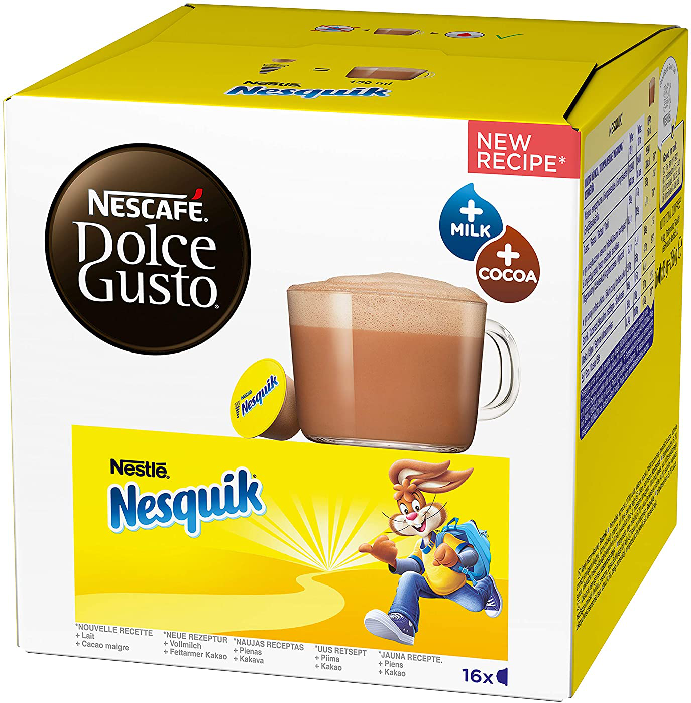 Eine gelbe Schachtel mit einem Nesquik-Getränk und einem Hasen.