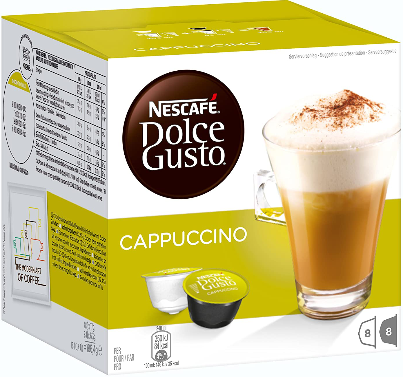 Una scatola di Nescafé Dolce Gusto Cappuccino. La scatola mostra una tazza di cappuccino e cialde di caffè.