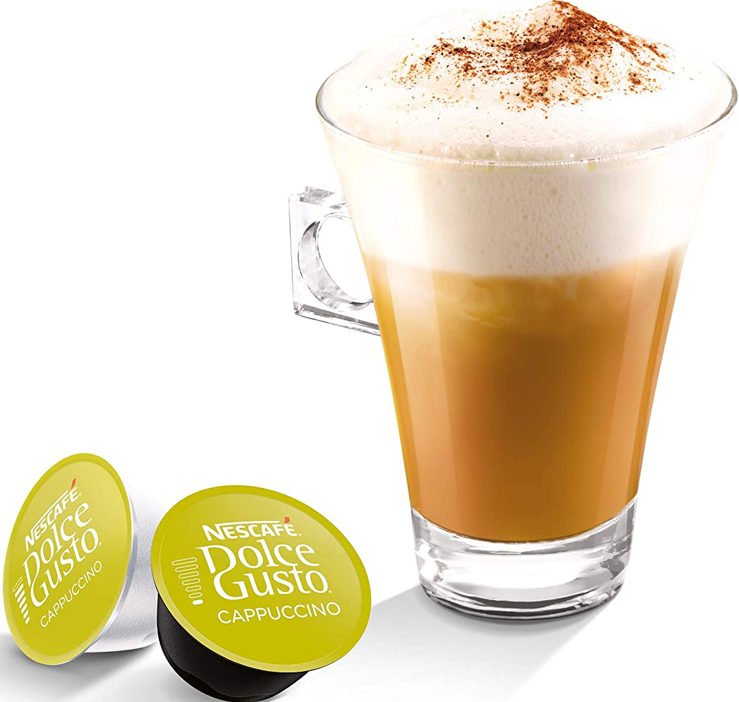 Una tazza di cappuccino con due capsule di cappuccino Dolce Gusto.