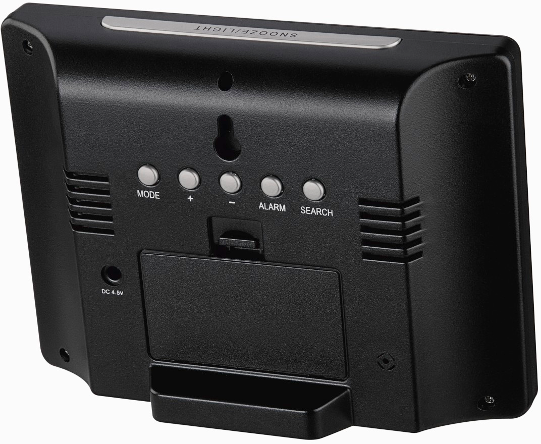 Rückseite des schwarzen digitalen Weckers mit Tasten: Mode, +, -, Alarm, Suche und DC 4,5V-Anschluss.