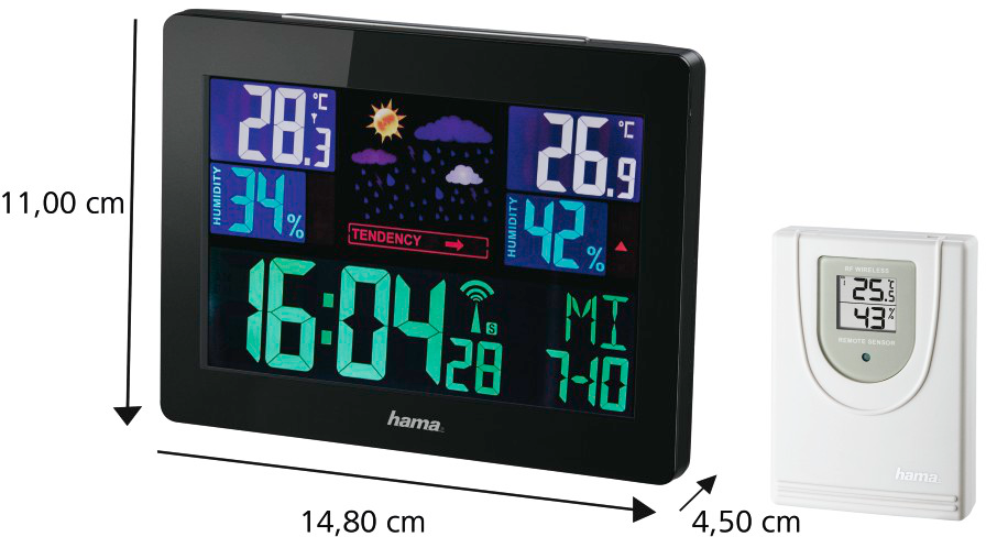 Schwarze Wetterstation mit Digitalanzeige, die Temperatur, Luftfeuchtigkeit und Wettervorhersage anzeigt.