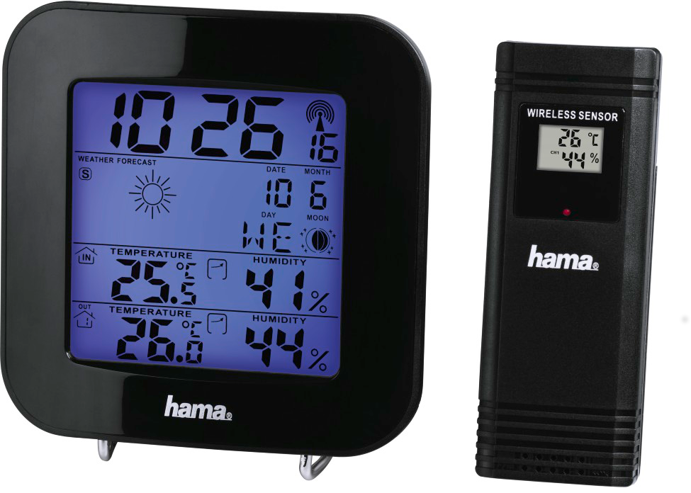 Station météo numérique noire avec affichage de la température et de l'humidité. Hama.
