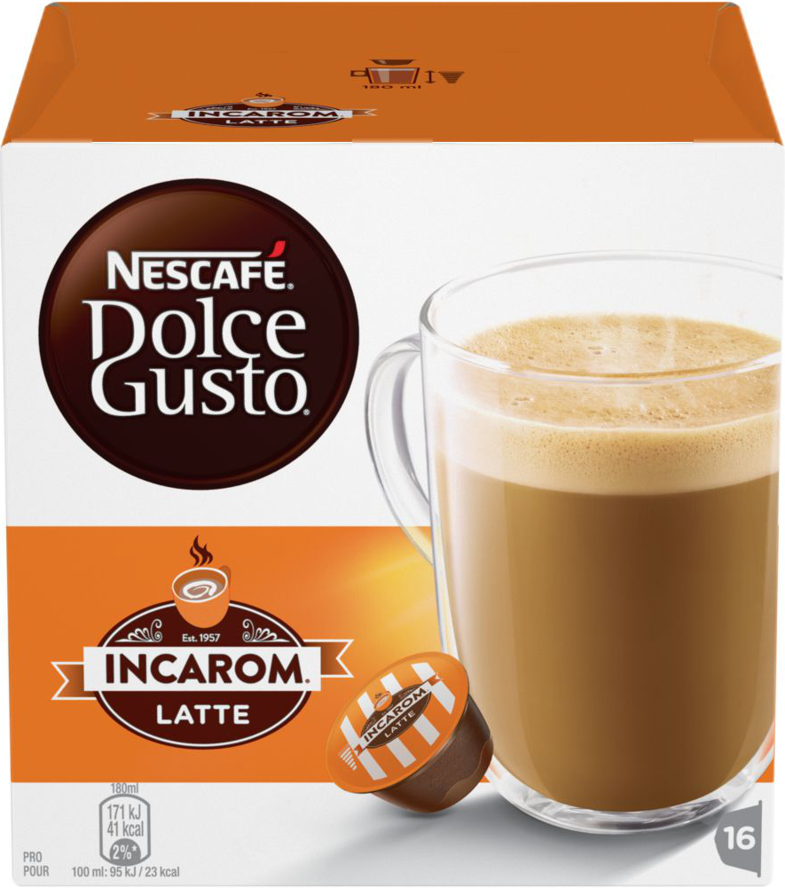 Nescafe Dolce Gusto Incarom Latte, con una capsula di caffè e un bicchiere di latte.