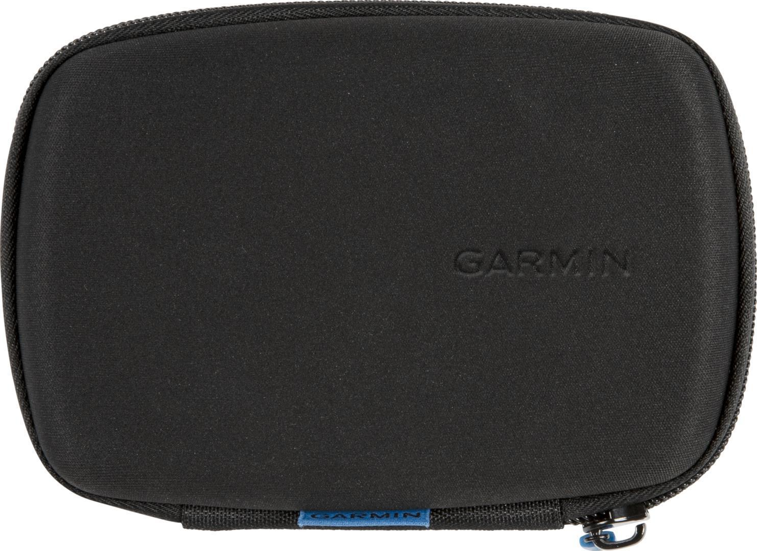 Schwarzes Garmin-Etui. Das Etui ist mit einem Reißverschluss versehen und trägt das Garmin-Logo. Blauer Besatz am Reißverschluss.