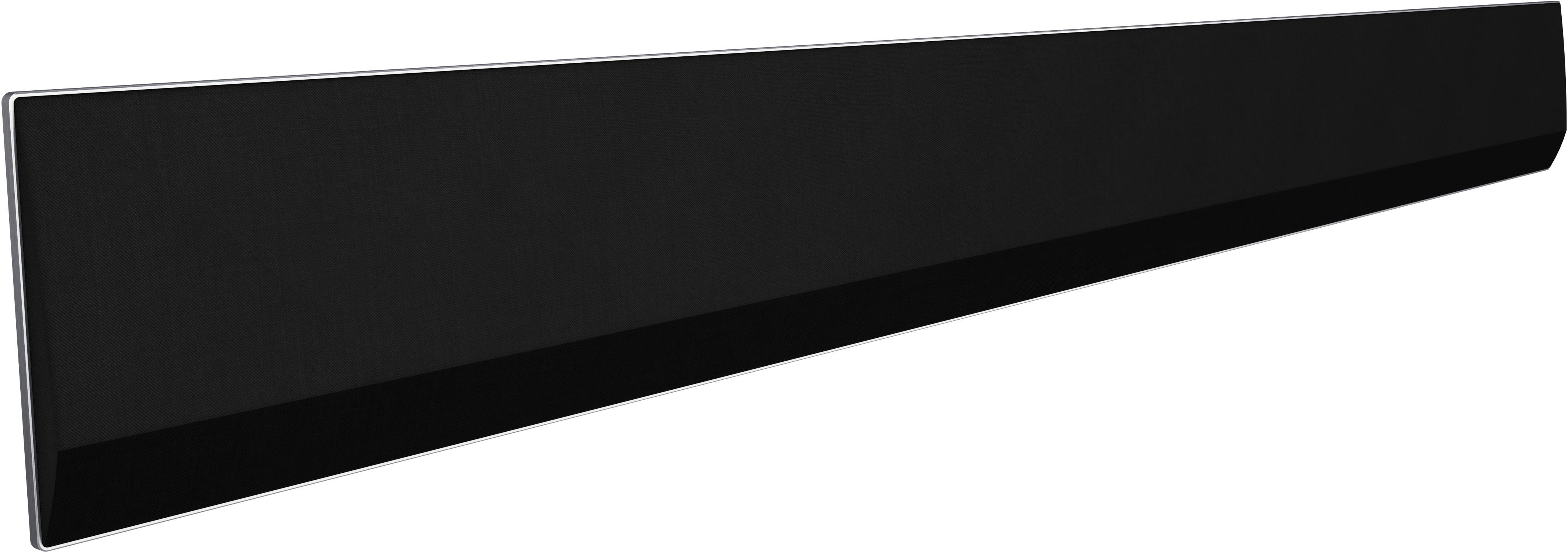 Schwarze Soundbar mit Mesh-Front und silberner Blende.