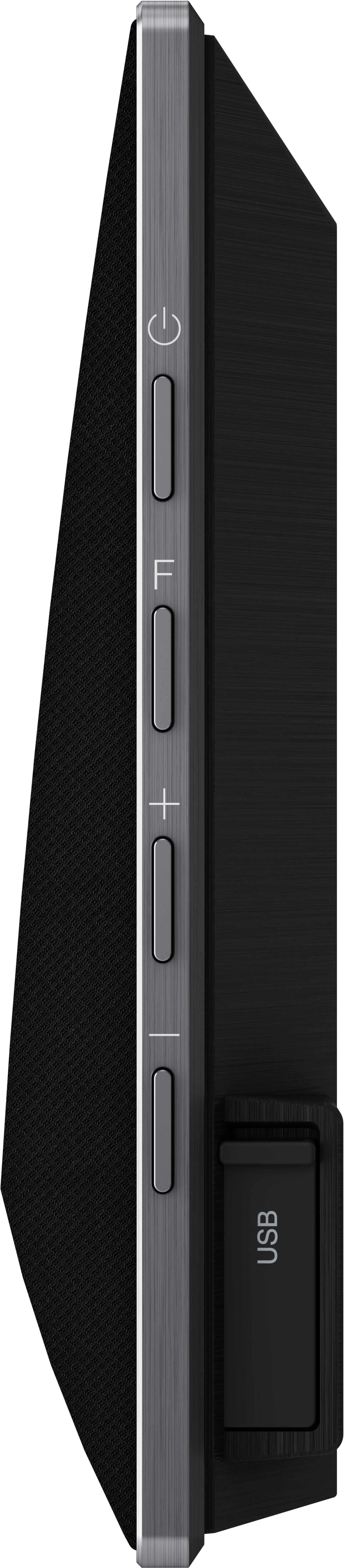Seitenansicht eines Geräts mit Knöpfen und einem USB-Anschluss, schwarz und silber.