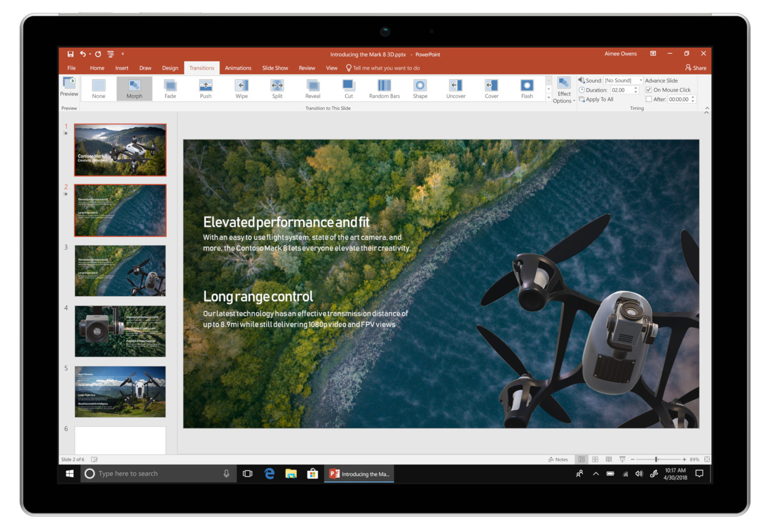 Un écran de tablette affichant une présentation PowerPoint sur les drones.