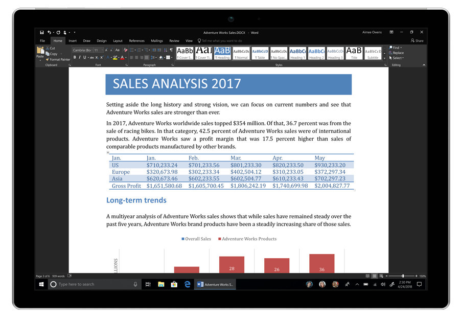 Une tablette affiche un rapport d'analyse des ventes de Microsoft Word.