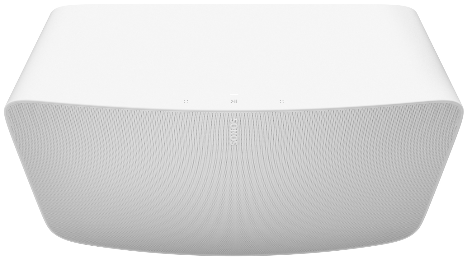 Une barre de son Sonos blanche avec une façade incurvée. Elle porte le logo Sonos et des boutons.