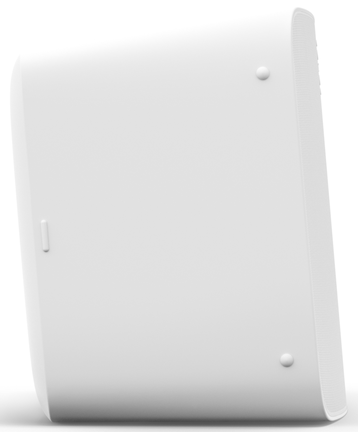 Un haut-parleur blanc incliné vers la droite, montrant sa surface incurvée.