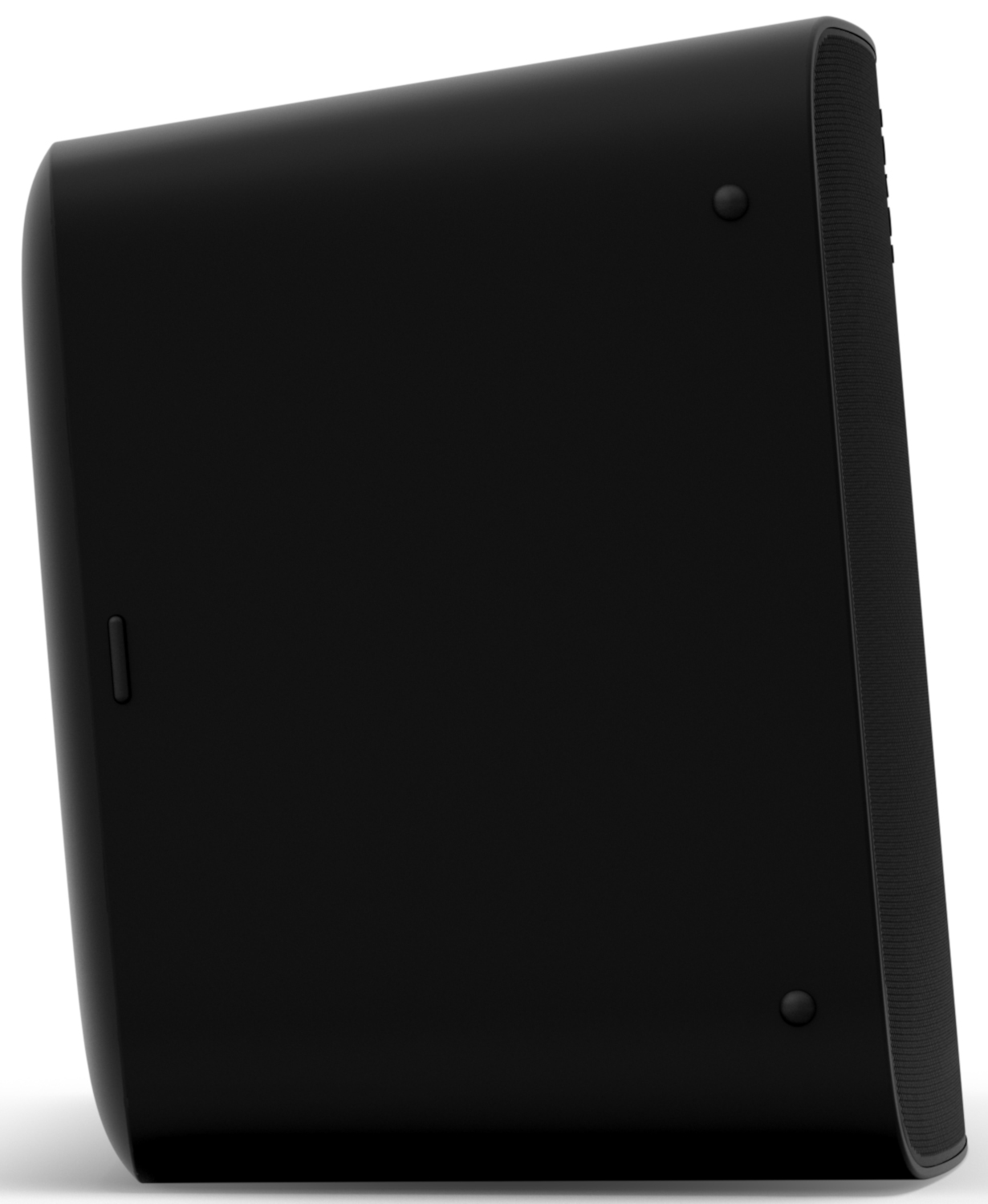 Black, rectangular Sonos speaker, side view, with a single button and a small light.