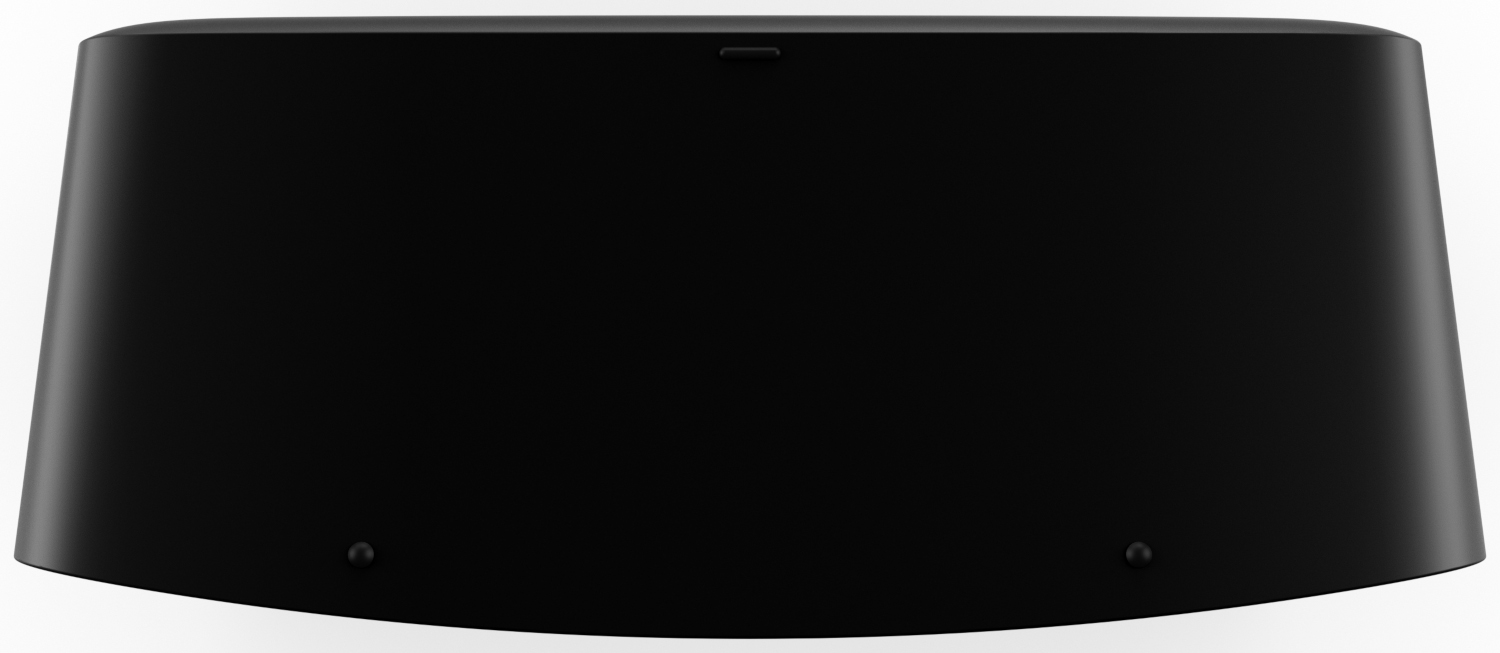 A black, curved speaker or soundbar, top view, with a small hole.