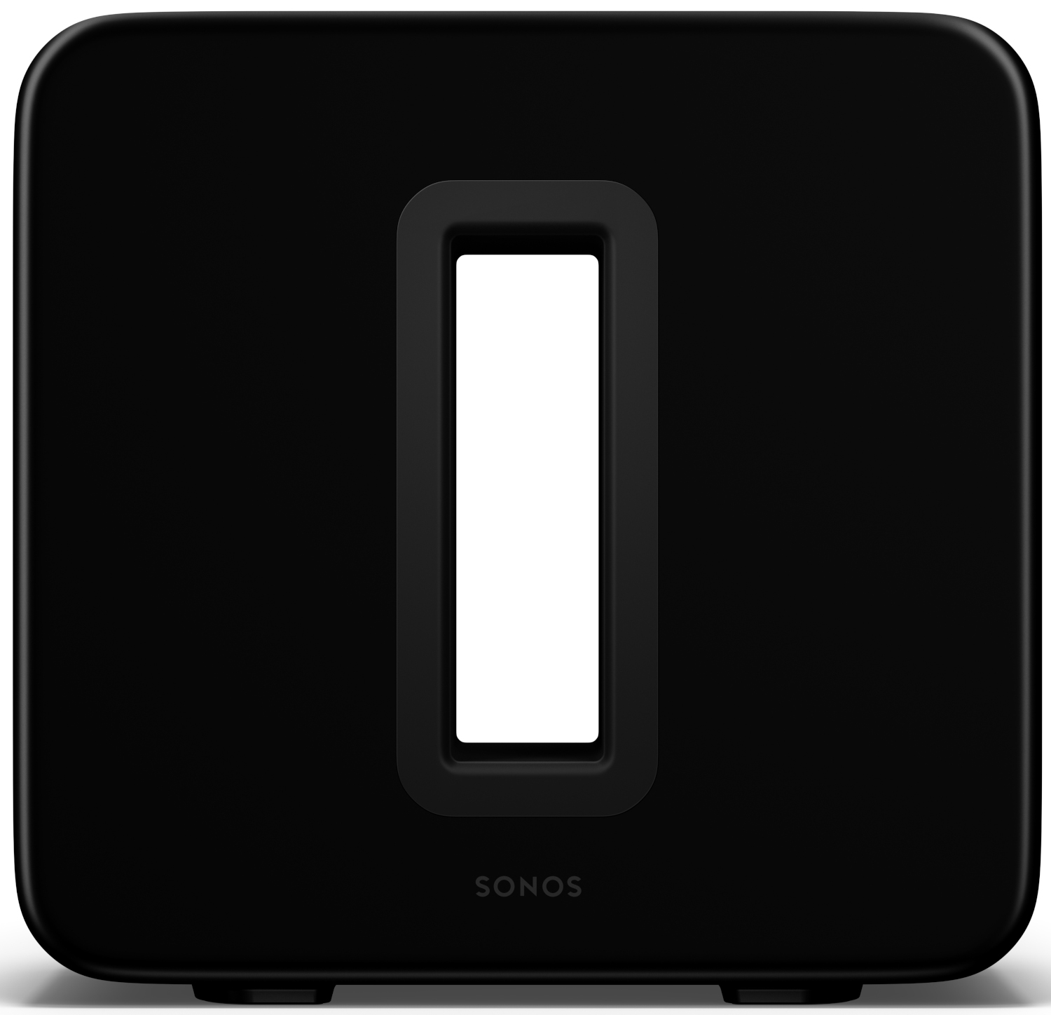 Zwarte Sonos subwoofer met een rechthoekige opening. Het woord SONOS staat onder de opening.
