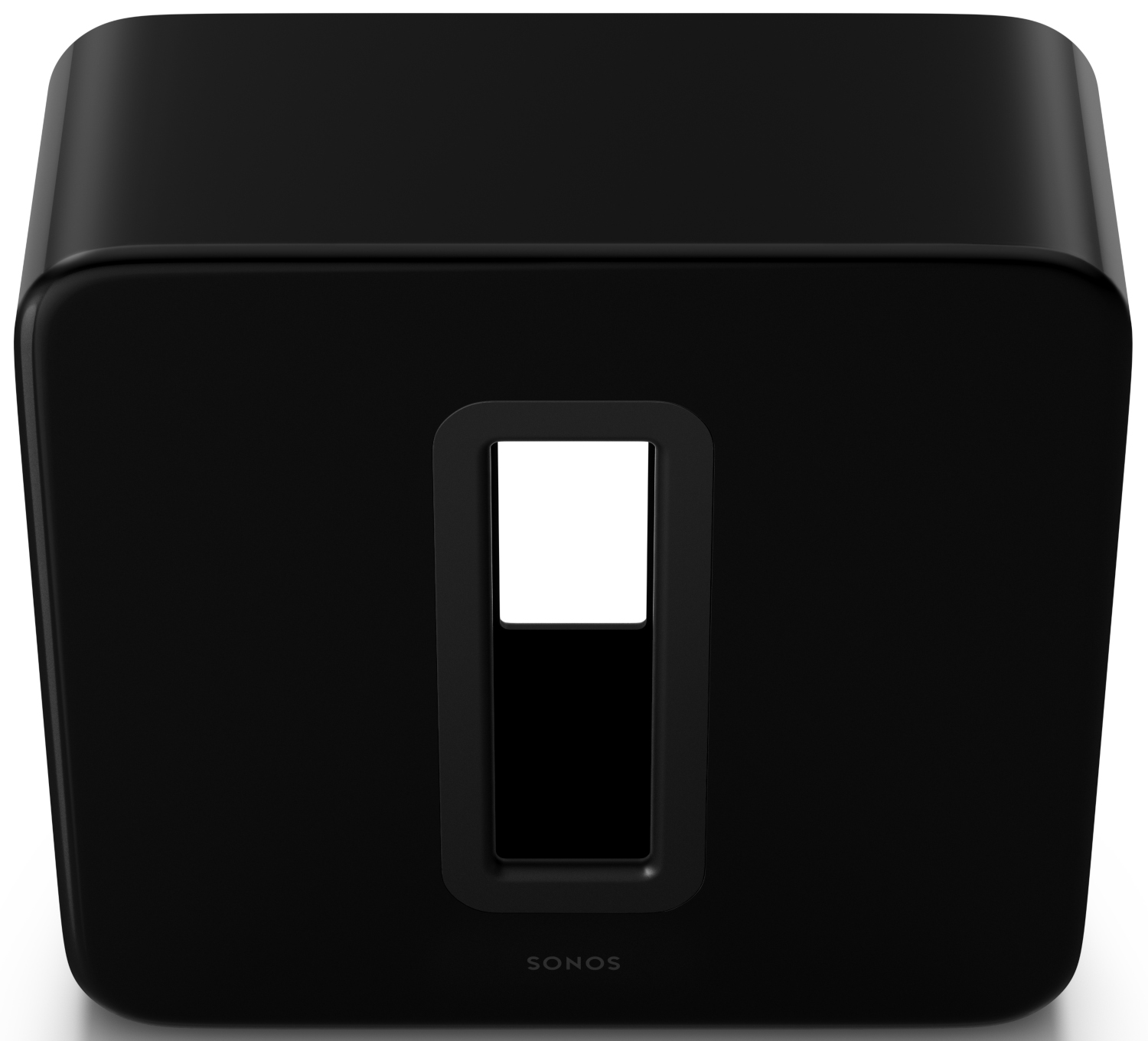 Zwarte Sonos-subwoofer met een rechthoekig gat, bovenaanzicht, met het woord "SONOS" zichtbaar.