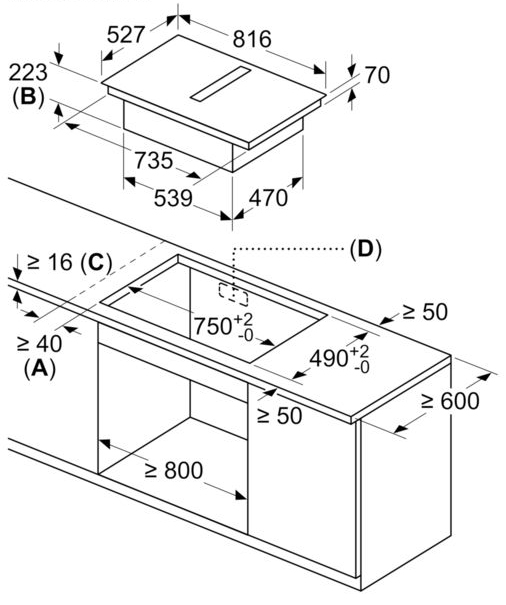 Egy diagram a beépített főzőlap méreteivel.