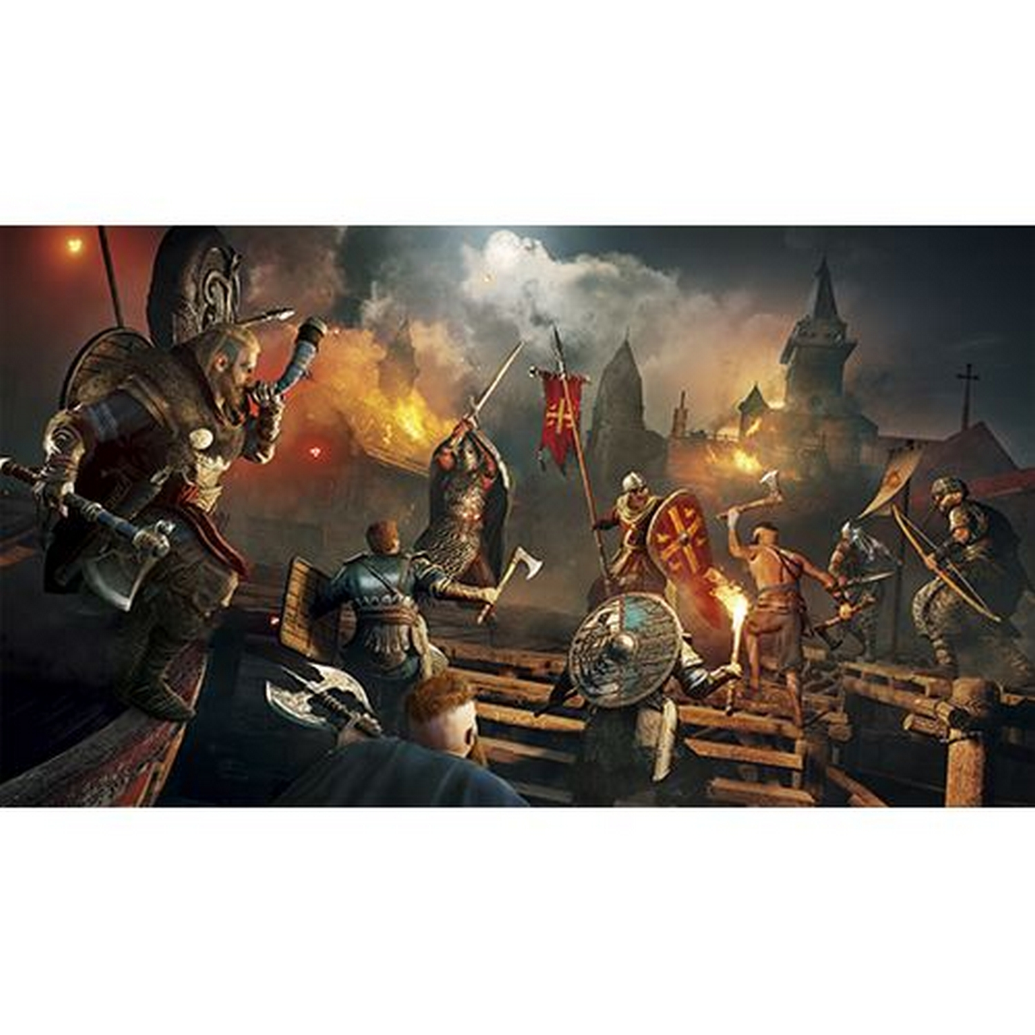 Una escena de batalla con guerreros luchando con armas.