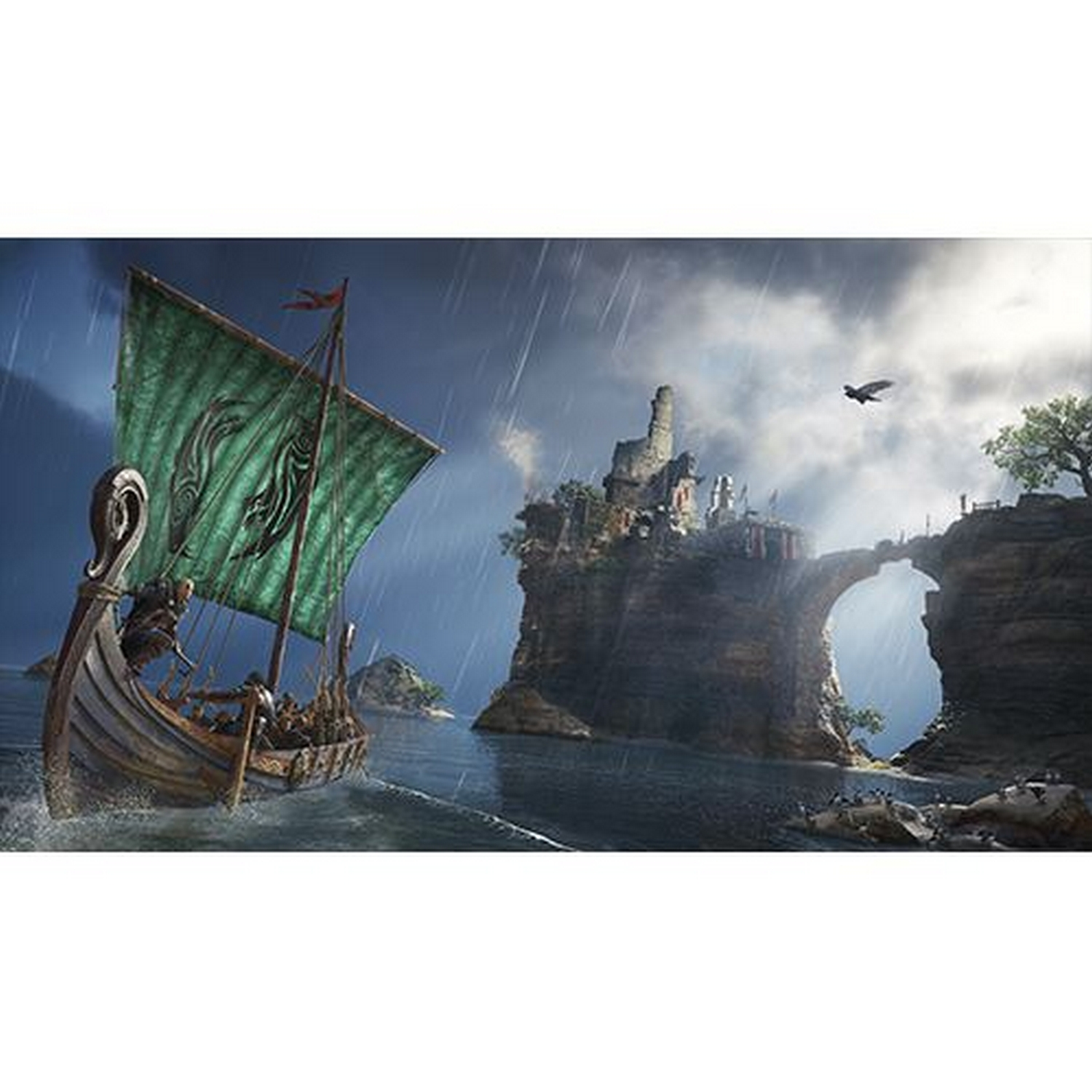 Un barco vikingo navega cerca de un castillo en un acantilado durante tormenta.