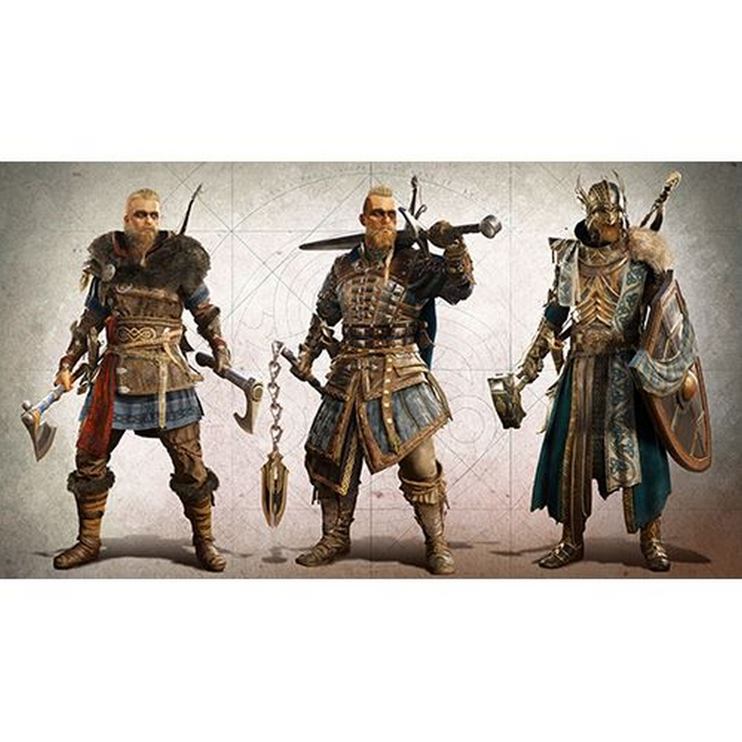 Tres guerreros con varias armas y atuendos.