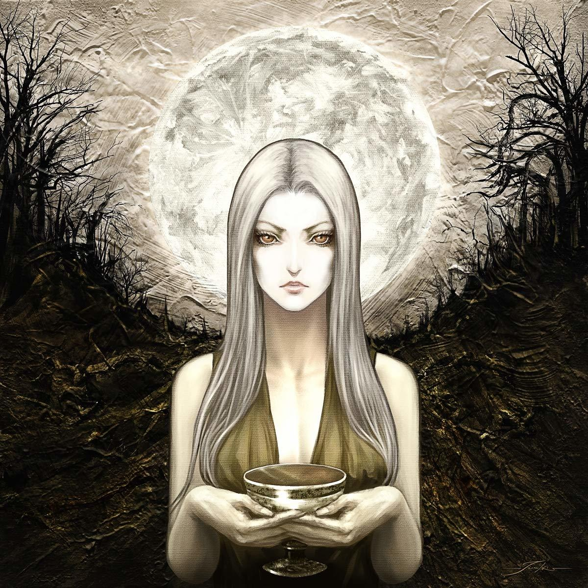 Illustration einer Frau mit langen weißen Haaren, die einen Kelch hält, vor dem Mond.