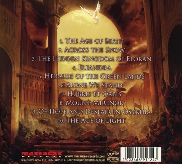 CD-Rückseite mit Trackliste für ein Album mit Fantasy-Kunst. Der Hintergrund ist eine Burg und ein Mond.