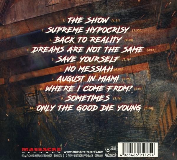 Die Rückseite einer CD mit Songtiteln und einem rot-braunen Design.