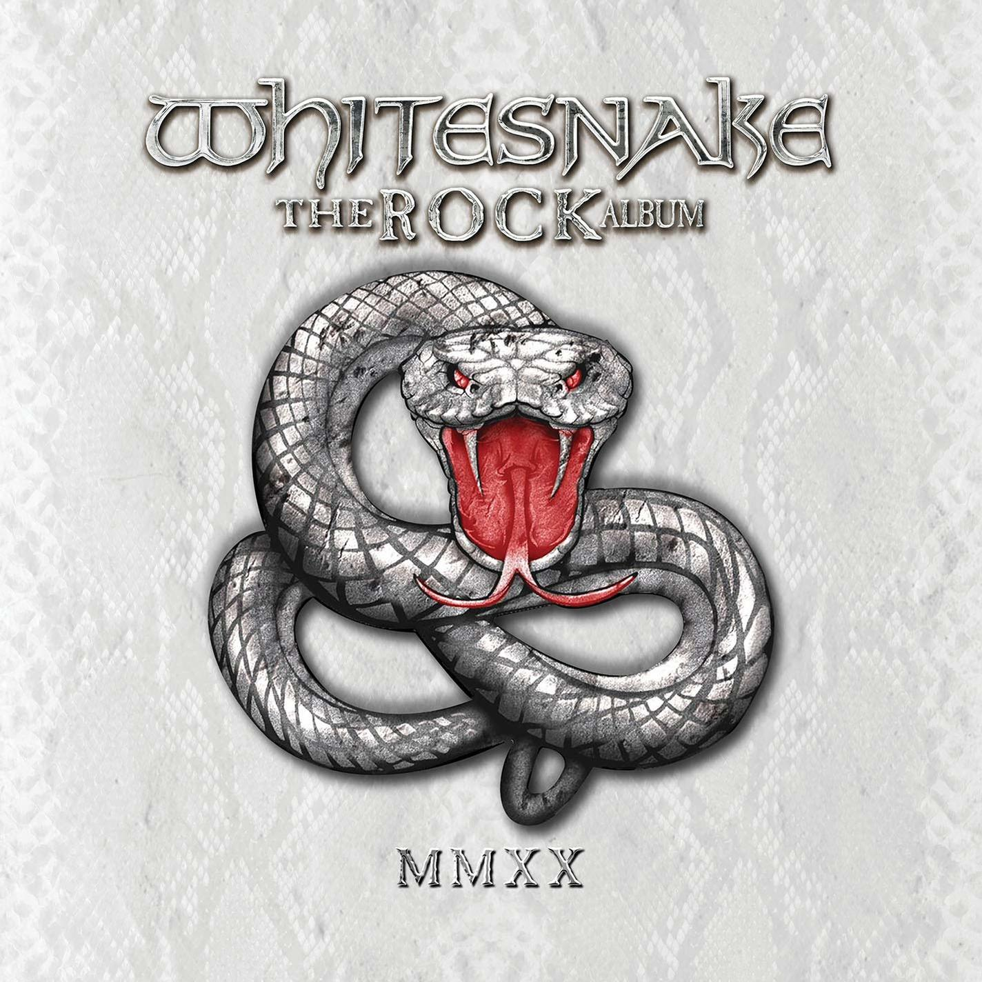 Albumhoes: Whitesnake-logo, een zilveren slang met rode tong op een witte achtergrond.