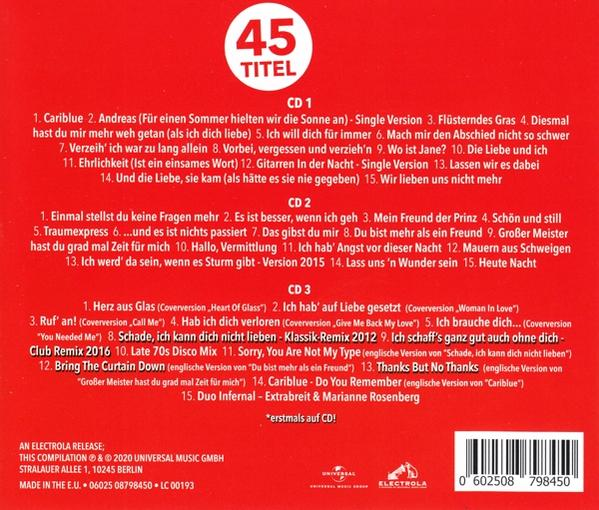 CD-Rückseite mit rotem Hintergrund und weißem Text, mit 45 Titeln.