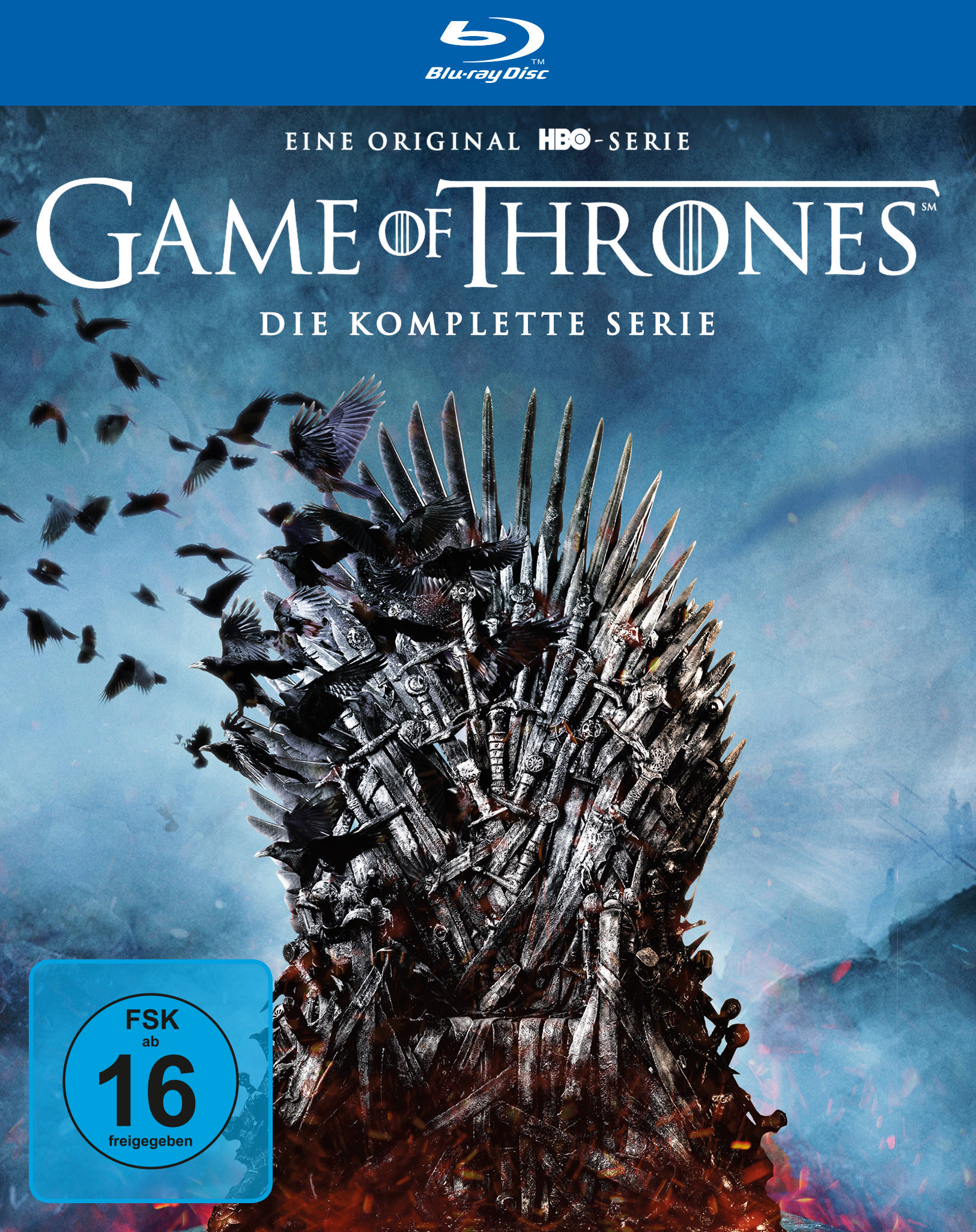 Blu-ray-Cover, Game of Thrones, ein Thron aus Schwertern, Raben im Hintergrund, dunkle, blaue Farbe.
