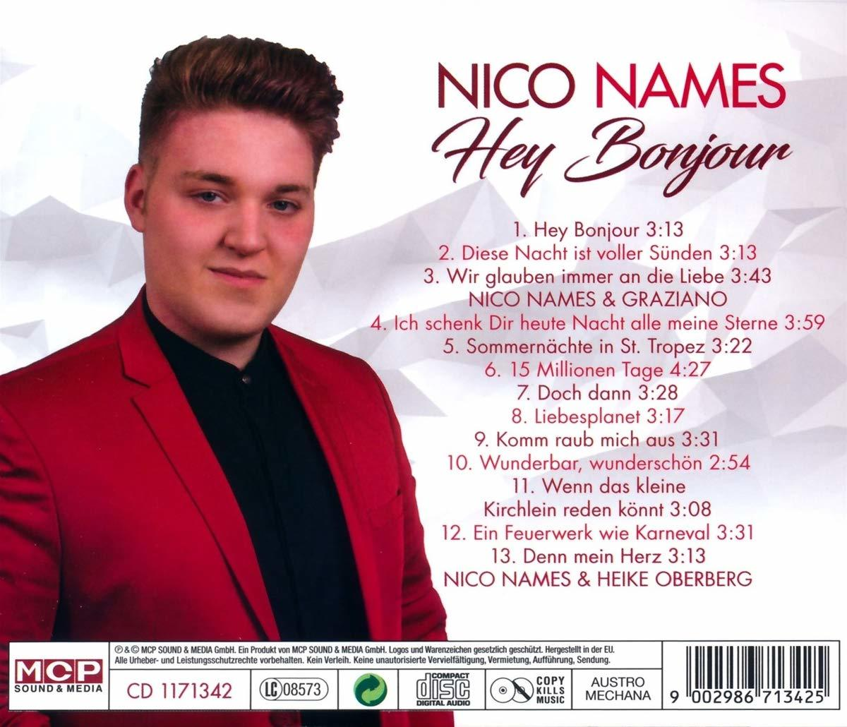 Albumcover eines Mannes in rotem Anzug mit dem Titel "Hey Bonjour" von Nico Names.