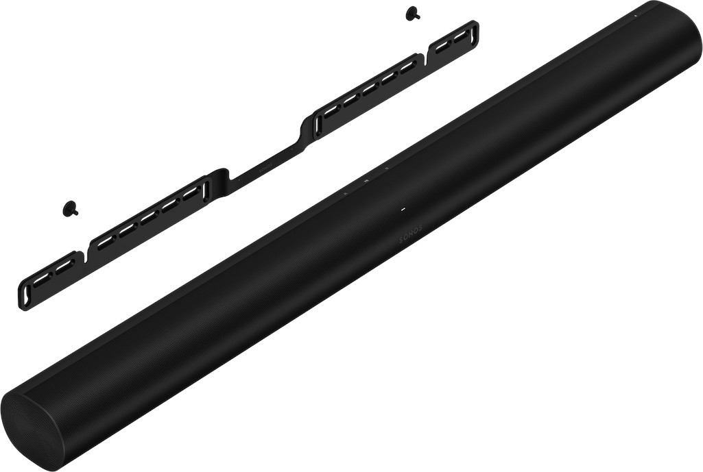 Zwarte Sonos soundbar met montagebeugels.