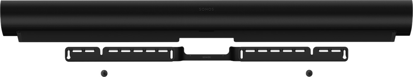 Zwarte soundbar, beugels en montagehardware. De balk heeft het woord SONOS erop.