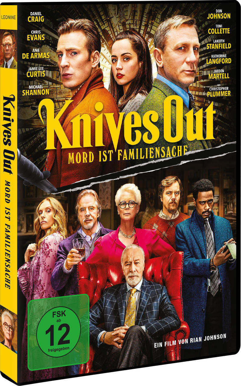 DVD-Cover des Films „Knives Out“ mit einer Gruppe von Schauspielern und dem Filmtitel.