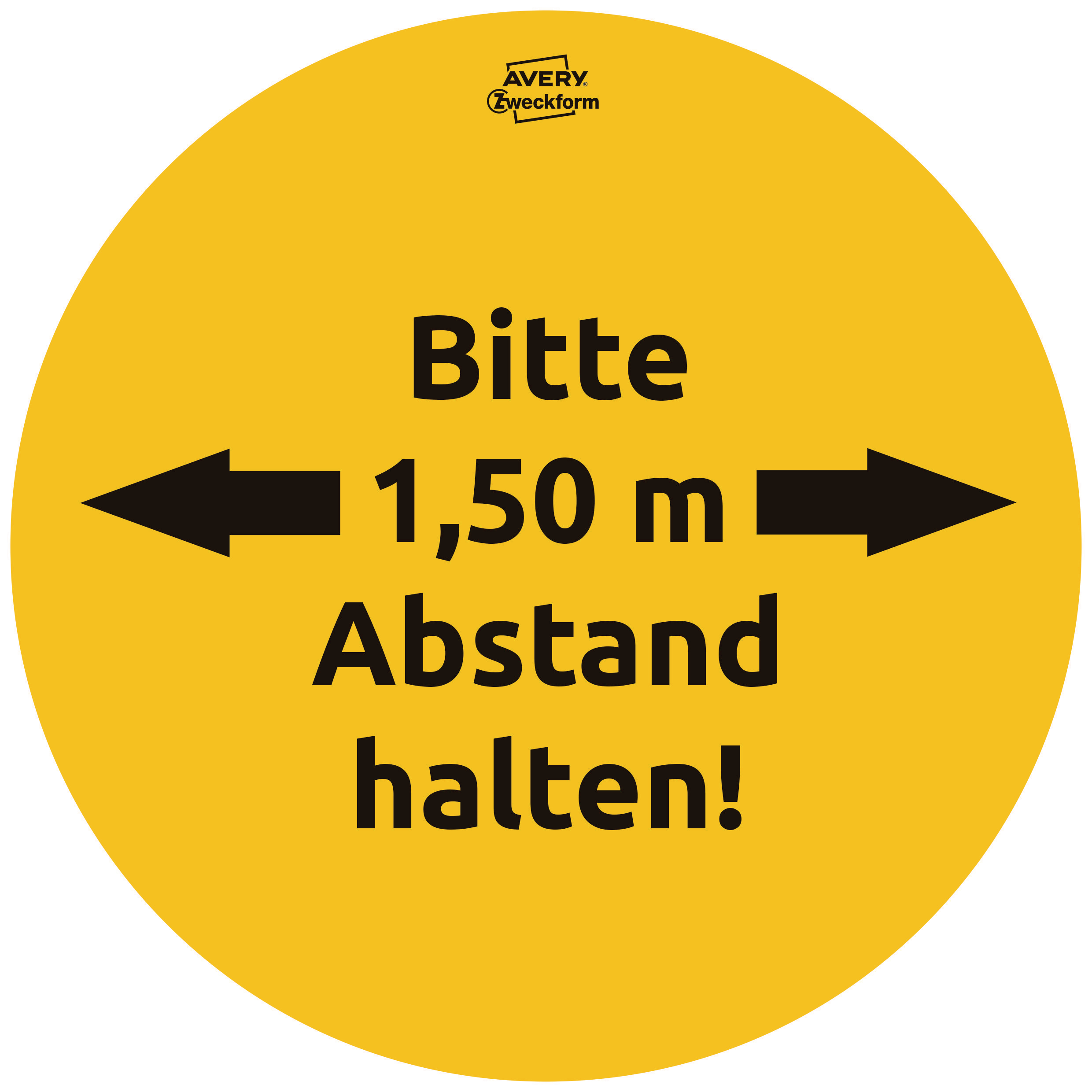 Ein gelbes Schild mit schwarzen Pfeilen und Text: Bitte 1,50 m Abstand halten!