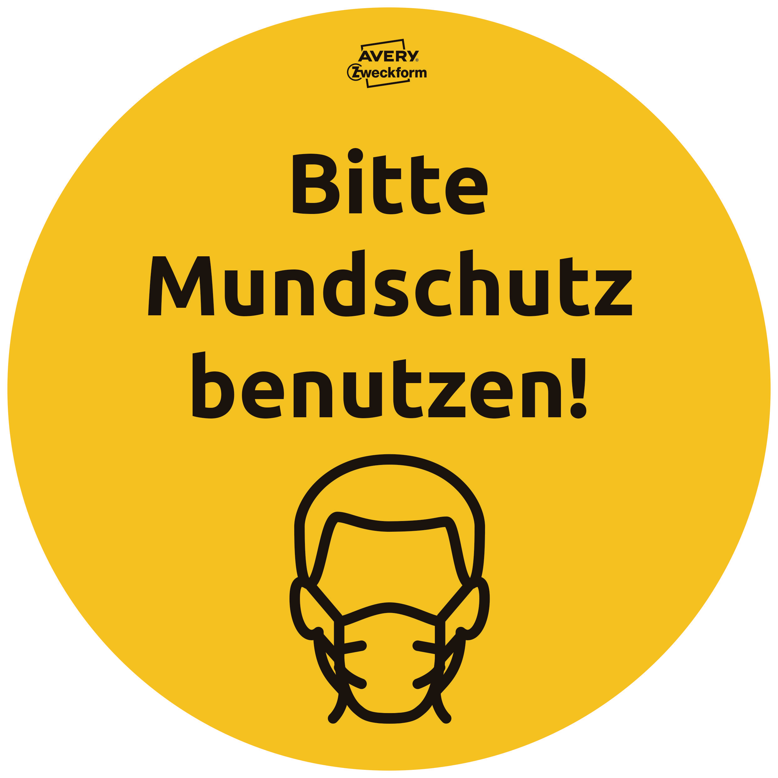 Ein gelber Kreis mit Maskensymbol und Text: Bitte Mundschutz benutzen! (Maske tragen!)