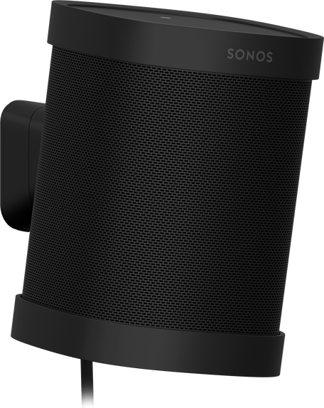 Zwarte Sonos-luidspreker aan de muur gemonteerd. De luidspreker is cilindrisch met zwart gaas en een Sonos-logo.