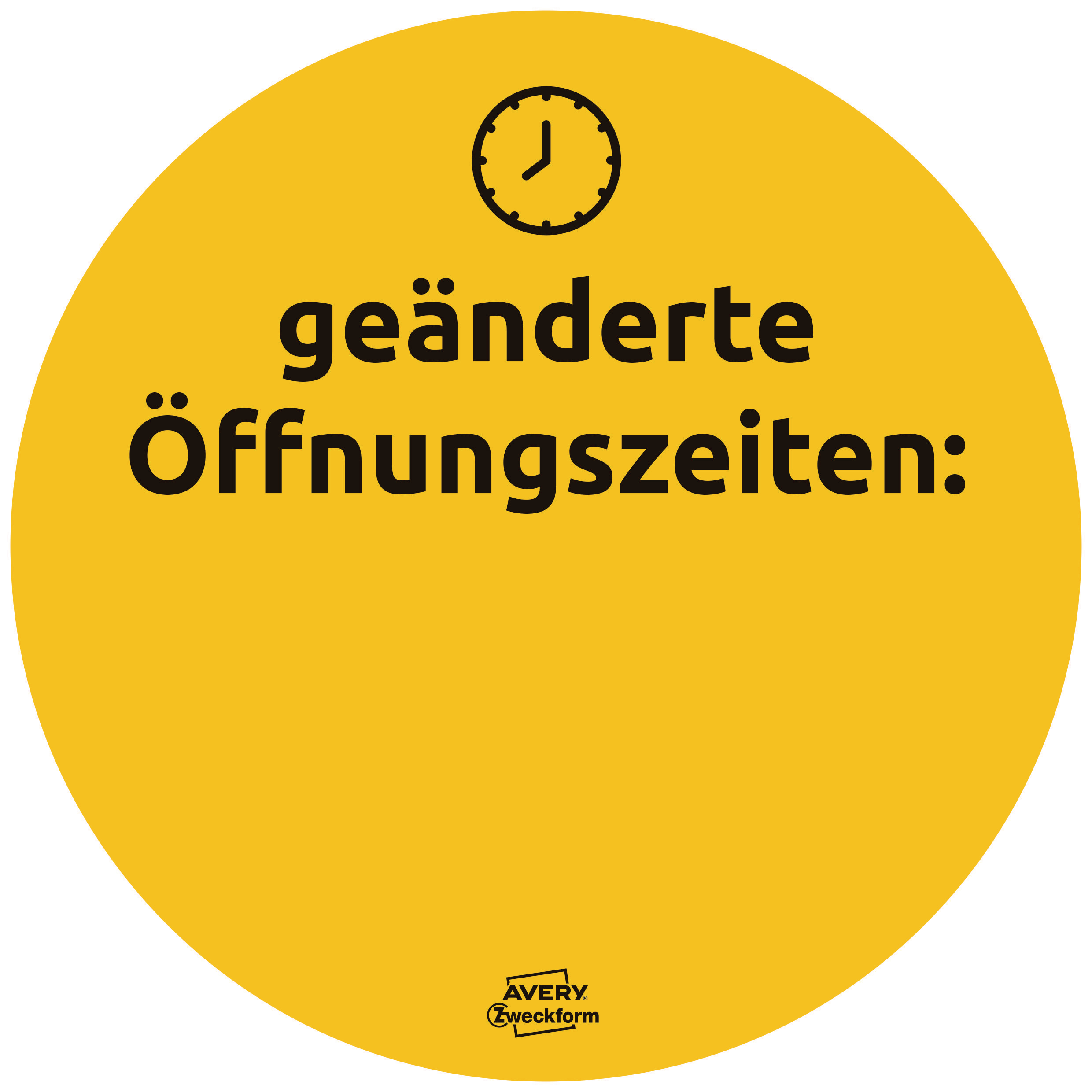Gelber Kreis mit schwarzem Text und einem Uhrensymbol, der geänderte Öffnungszeiten anzeigt.