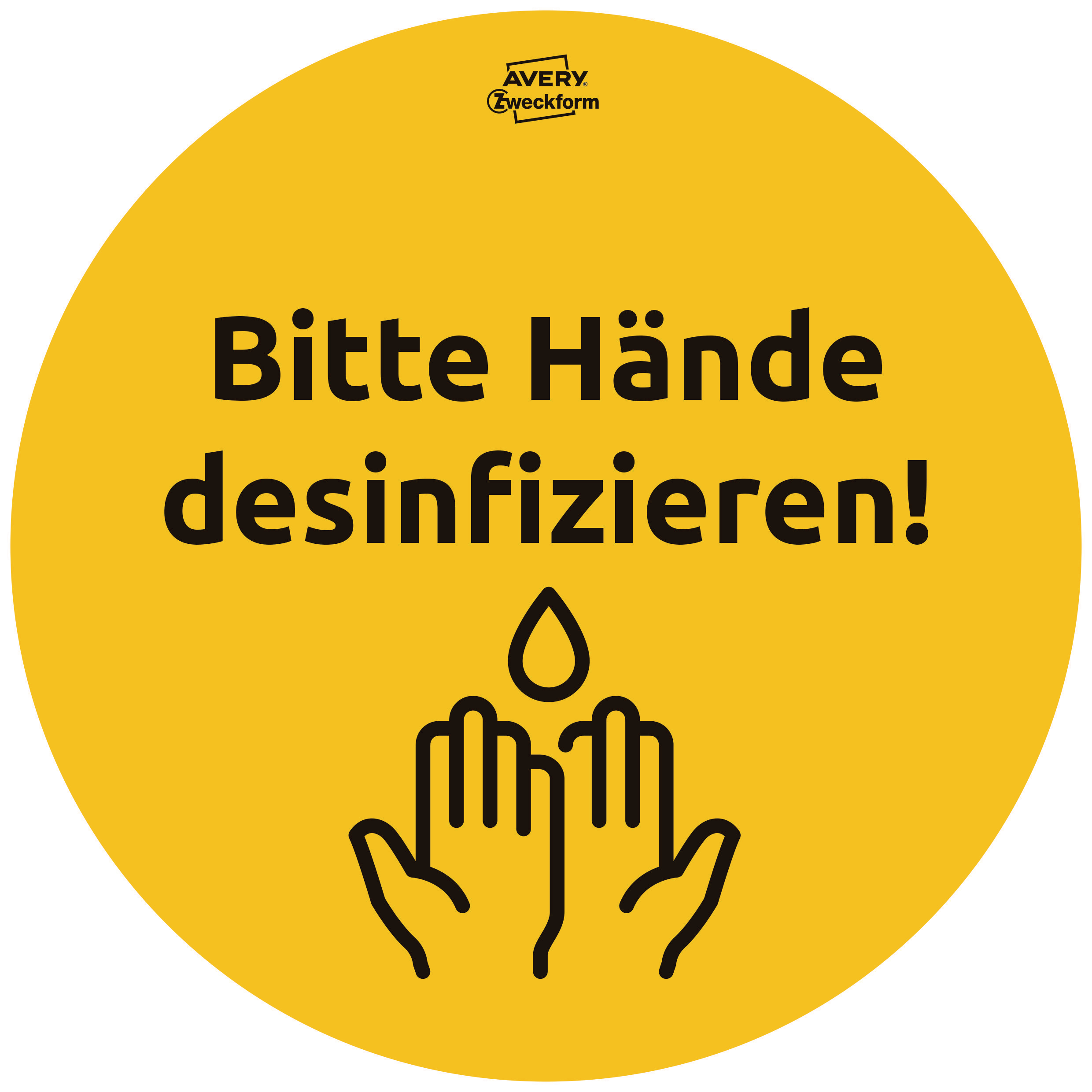 Gelbes Schild mit Text „Bitte Hände desinfizieren!“ und Handwasch-Grafik.