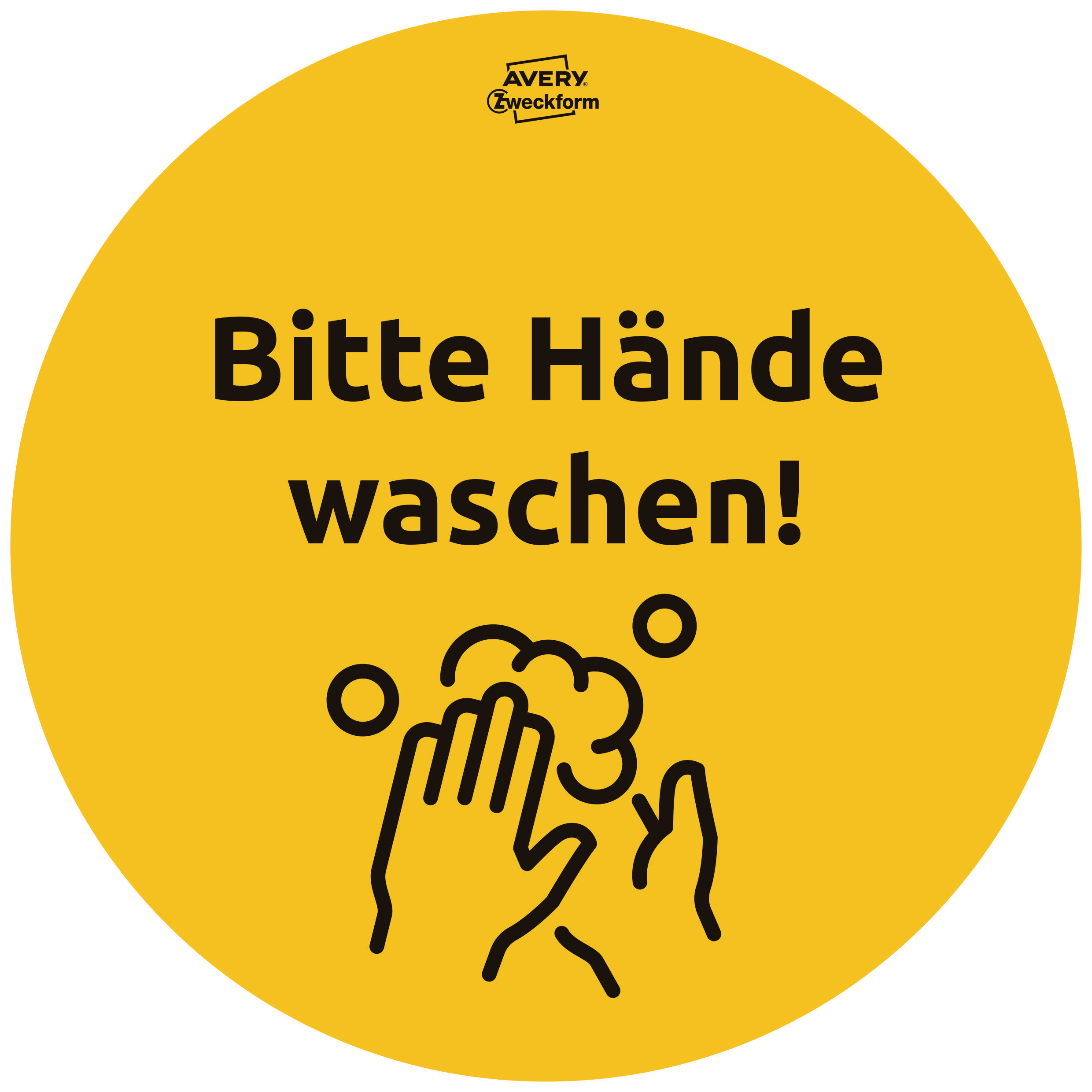 Gelbes Kreisschild mit Text: 'Bitte Hände waschen!' und Handwasch-Grafik.