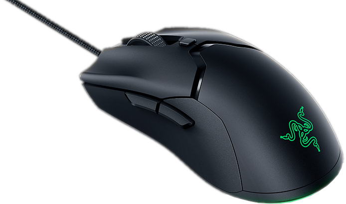 Zwarte gamingmuis met groen logo en kabel.