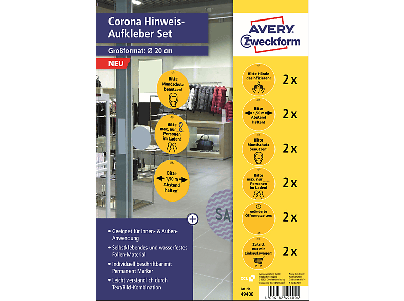 AVERY ZWECKFORM Corona Hinweis-Aufkleber Set Handel 1 Pack mit 12 Aufklebern
