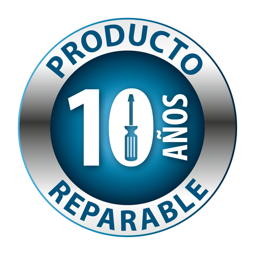 Insignia azul y plateada con destornillador y texto '10 años reparable'.