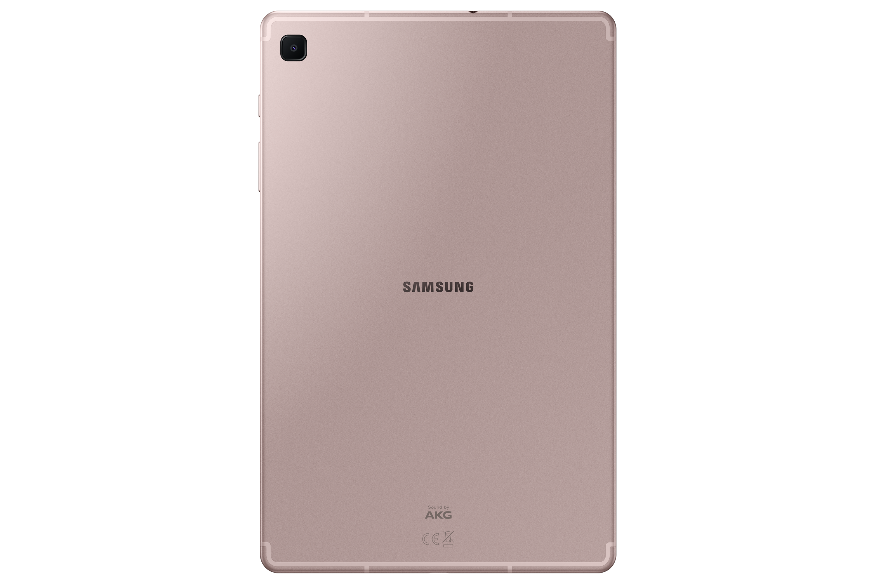 Beyaz arka plan üzerinde gül altın rengi tablet, arka görünüm.