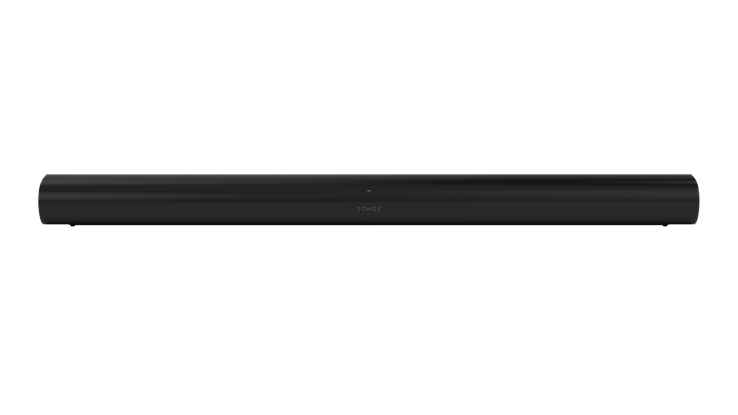 Een zwarte soundbar op een zwarte achtergrond, met het woord 'SONOS'.