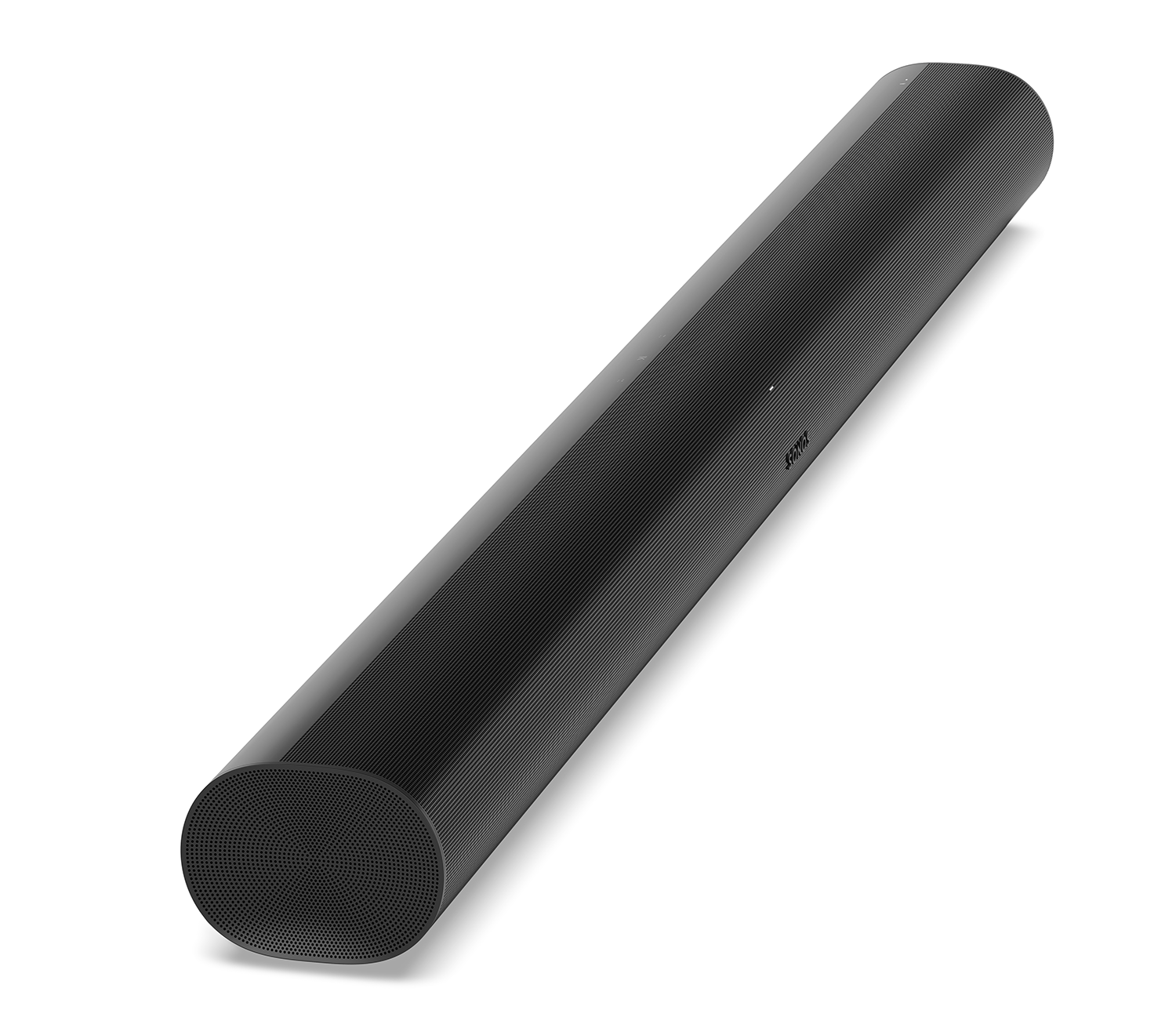 Zwarte, cilindrische Sonos soundbar, schuin op wit oppervlak.