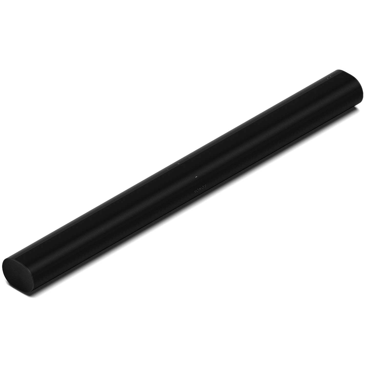 Zwarte, cilindrische soundbar op een zwarte achtergrond, vanuit een lichte hoek bekeken.