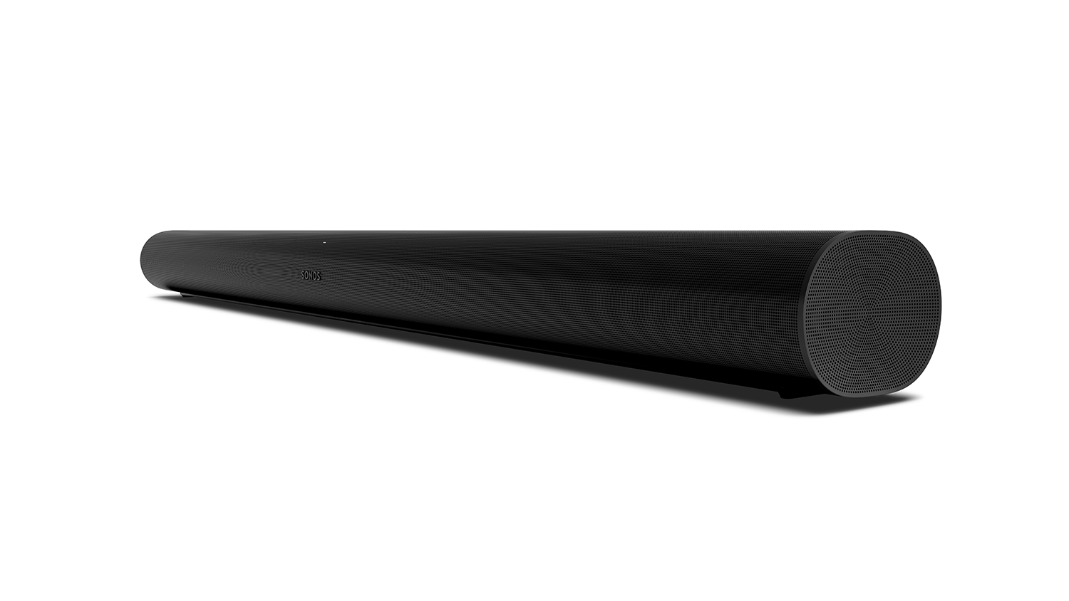 Zwarte soundbar op een witte achtergrond.