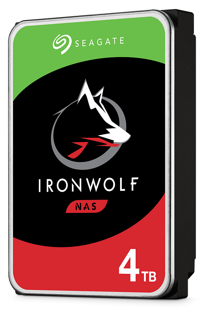 Seagate IronWolf NAS 4TB HDD met wolflogo op zwart, rood en groen.