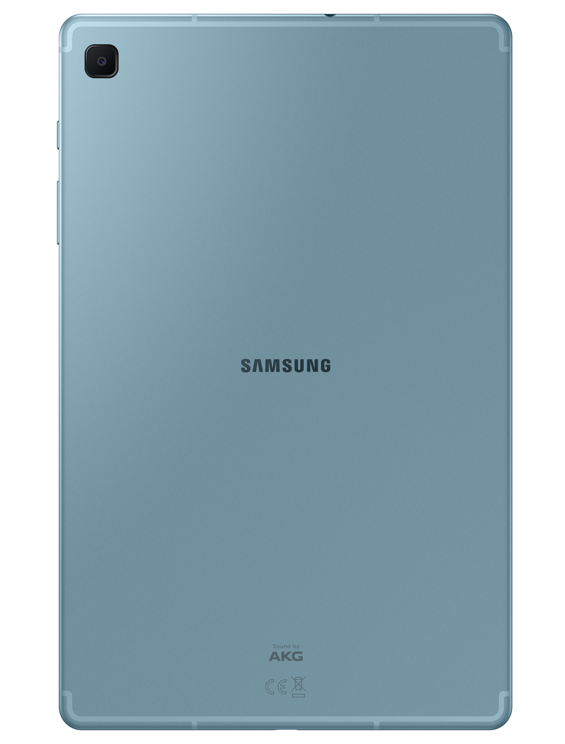 Mavi Samsung tablet, arka görünüm. Samsung logosu ortalanmış, kamera sol üstte. Sound by AKG logosu altta.