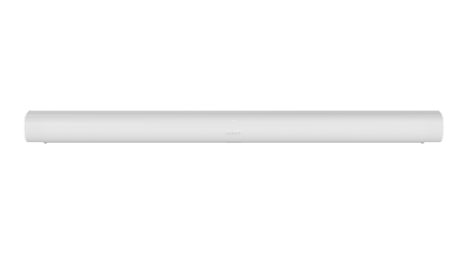Witte Sonos soundbar, lang en rechthoekig, op een zwarte achtergrond.