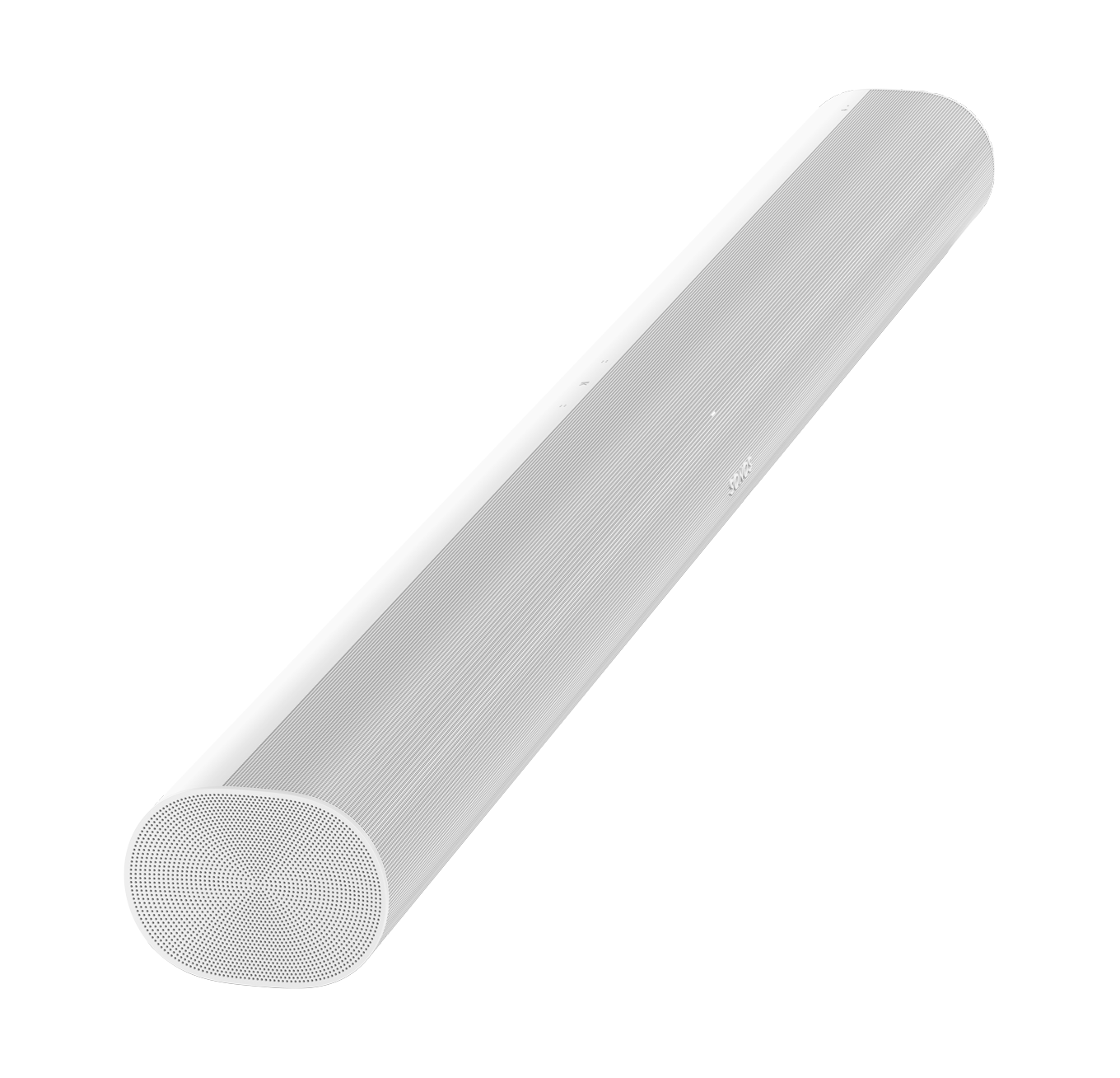 Een lange, witte Sonos soundbar. De speaker heeft afgeronde uiteinden.
